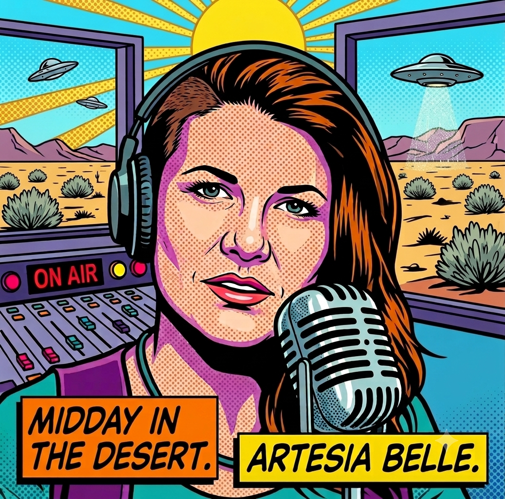Illustrated portrait of Artesia Belle broadcasting from the desert